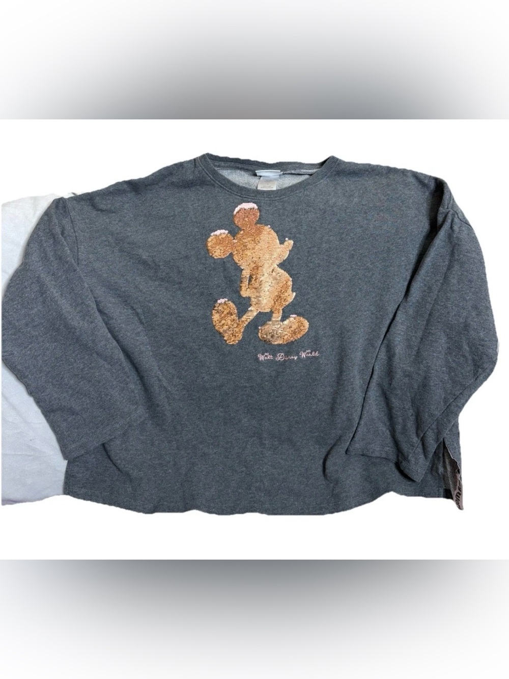 Disney Women’s XL Rose Gold Sequined Mickey Mouse Sweatshirt W/ Heart Accents
